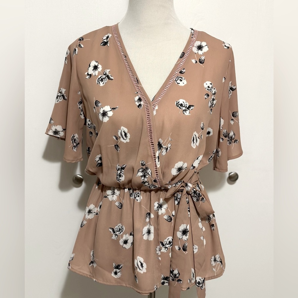 Sienna Sky Floral Faux Wrap Peplum Blouse with Tie Size L